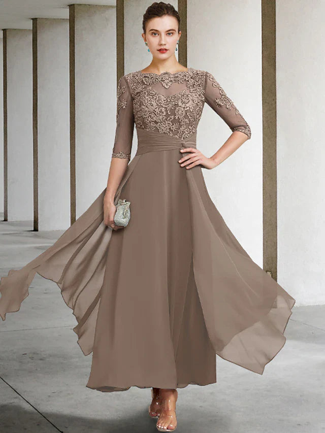 Wholesale A-Line Mother of the Bride Dress Plus Size Elegant Jewel Neck Ankle Length Chiffon Lace Half Sleeve with Ruched Beading Appliques